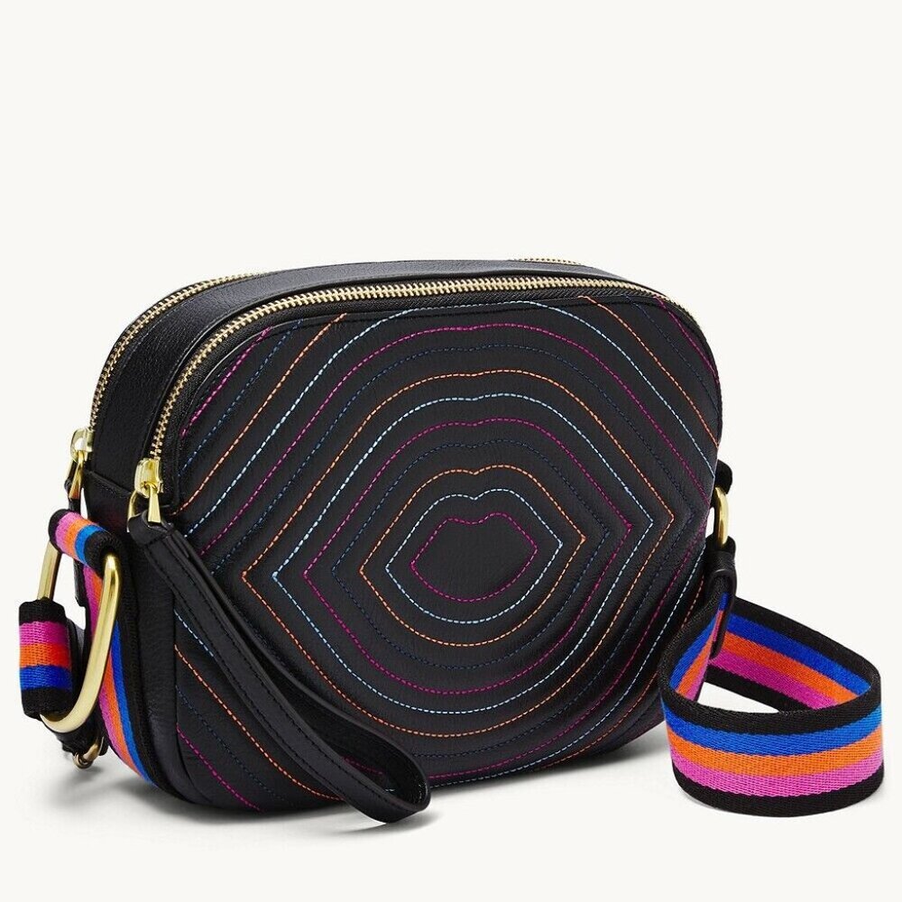 NWOT Fossil Elle Quilted Lips Leather Double zip Crossbody Bag  w/ coin pouch